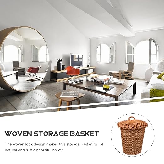Cabilock Woven Trash Can for Home Multi-Functional Decorative Storage Basket for Desktop Use Rustic Round Design Lightweight and Portable for Organizing Sundries and Waste