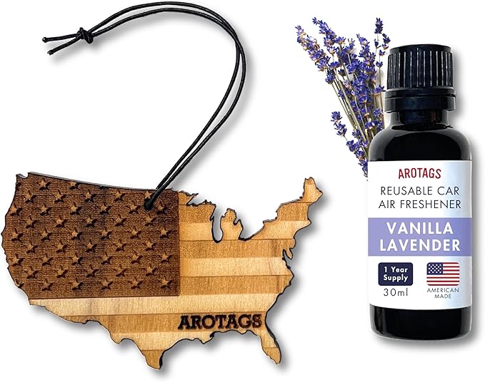 Arotags Reusable Wood Car Air Freshener Vanilla Lavender Scent USA Flag Design Hanging Diffuser with Fragrance Oil Refill