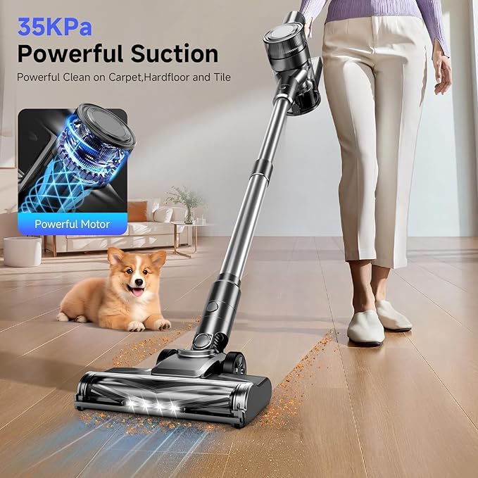 Cordless Vacuum Cleaner 35Kpa Vacuum Cleaner for Home 45Mins Stick Vacuum with LED Display Anti-Tangle &amp Wall Mount Charging 6 in 1 Lightweight Vacuum for Hard Floors Carpet Pet Hair (black)