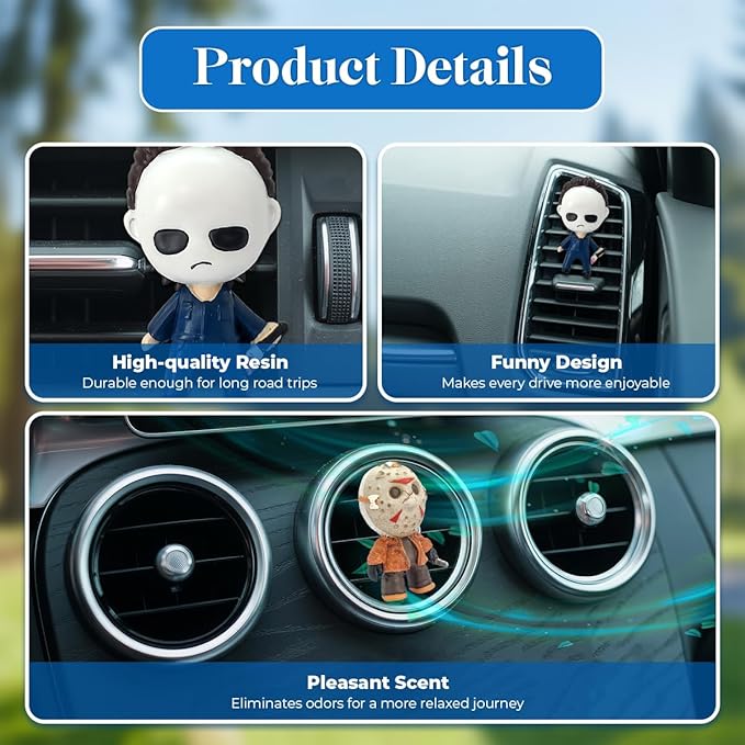 GENANY 3D Resin Horror Movie Character Car Air Freshener Spooky Air Freshener Vent Clips Horror-themed Car Accessories Funny Gifts for Women Men Horror Fans Scary Decorations