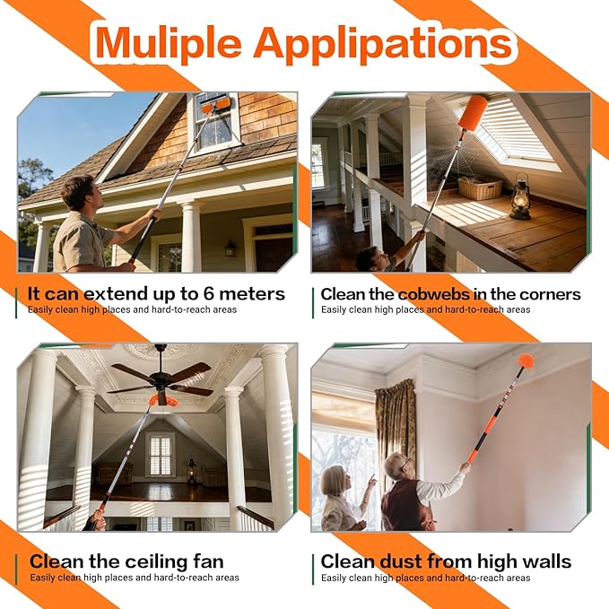 26FT High Reach Duster Cleaning Kit with 5-20 FTExtension Pole High Ceiling Fan Cleaner Duster Tool for Fan Blades Extendable Reusable Cobweb Feather Window Cleaning Squeegee Kit (20FT)
