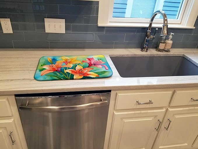 Caroline's Treasures DAC1585DDM Lilies in Watercolor Dish Drying Mat Absorbent Dish Drying Mat Pad for Kitchen Counter Dish Drainer Mat for Countertop 14 x 21 Multicolor