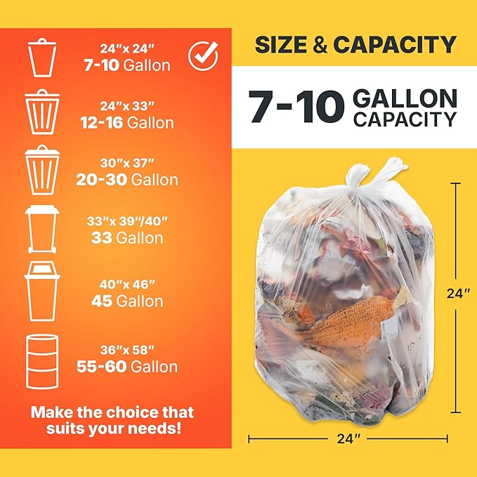 7-10 Gallon Trash Bags 8 Micron High Density Garbage Can Liners Bulk 24 x 24 Natural Clear 1000 Count