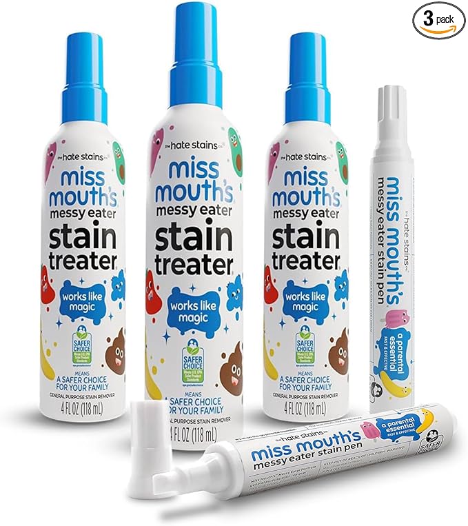Miss Mouth's Messy Eater Stain Treater Pens &amp 4oz 3-Pack - On-the-Go Spot Remover for Clothes - Portable Baby Stain Spray Newborn Essentials