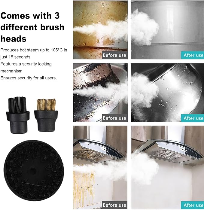 Handheld Steam Cleaner 1500W Portable Steamer for Kitchen Bathroom Car with 3 Brush Heads 15s Fast Heating Up to 105C Multi Purpose Cleaning for Tiles Grout Furniture (US Plug 110V)