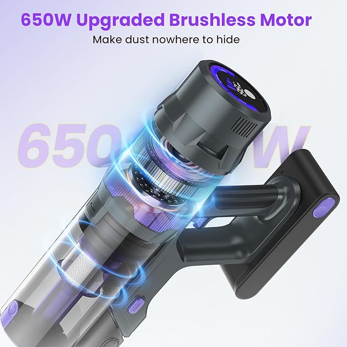 Cordless Vacuum Cleaner 80Kpa Lightweight Cordless Stick Vacuum 650W Rechargeable Battery Vacuum with 75min Runtime LED Display Stick Vacuum Cleaners for Home Pet Hair Hardfloor Carpet-V2 (Sliver)