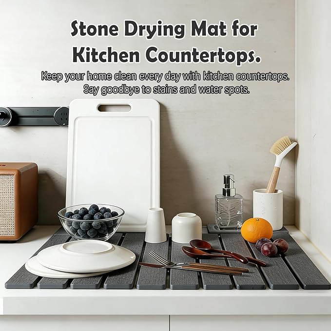 2pcs Stone Dish Drying Mat for Kitchen Counter - Foldable 24 16 Heat Resistant Eco Friendly Super Absorbent Diatomaceous Earth Dish Drying Mat Plate BowlMatch Any Countertop