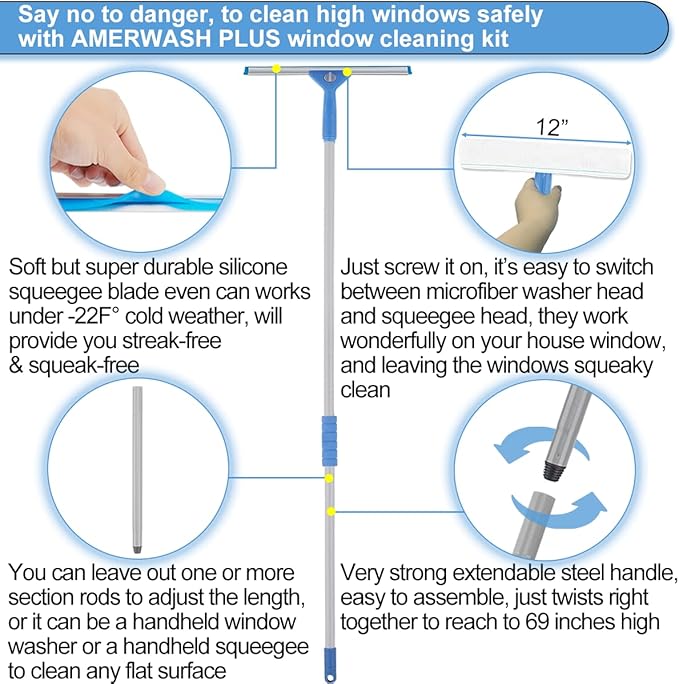 Window Squeegee Washing Kit for High Window Shower Glass Door Mirror Cleaning with 69-inch Extension Pole Extra 14'' Wide Squeegee and 2 Microfiber Scrubbers Included