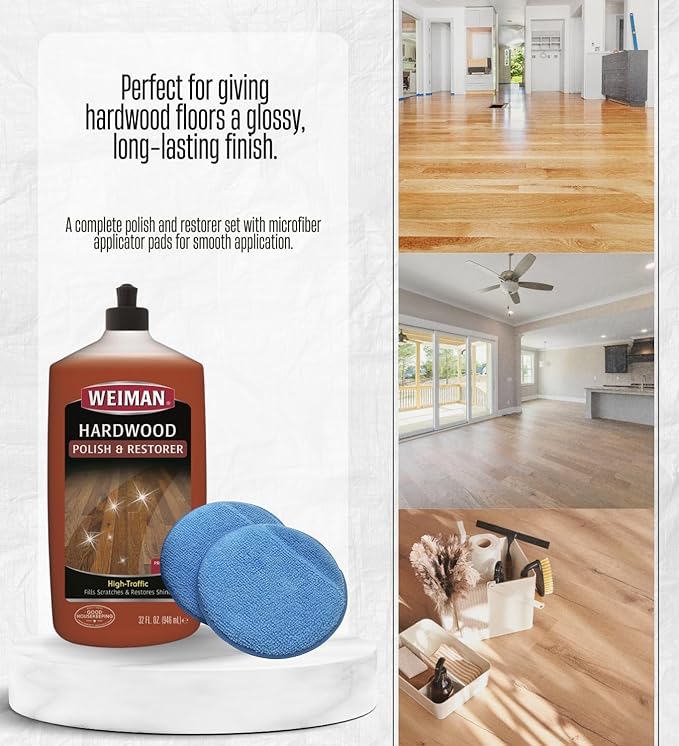3x Weiman High Traffic High Gloss Hardwood Floor Polish &amp Restorer Liquid 32 oz Bundle with Microfiber Applicator Pads – Wood Floor Cleaner and Polish for Scratch Repair and Shine – Gift Set (4 It