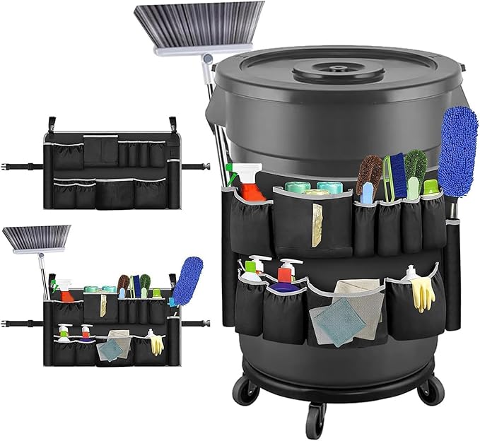 Trash Can Cleaning Tool Bag Trash Can Caddy Bag Multi Pockets Fit 32-55 Gallon Garbage Bin for Cleaning Janitorial Duty
