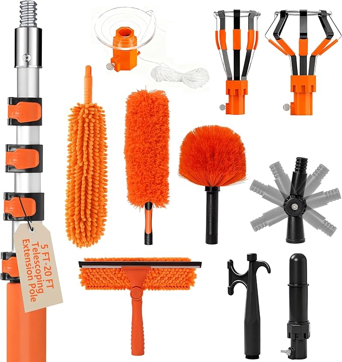 26FT Light Bulb Changer for High Ceilings with 5-20FT Heavy Duty Extension PoleHigh Ceiling Fan Duster Extendable Reusable CobwebFeatherWindow Cleaning Squeegee Kit for Home &amp HouseInterior Ro