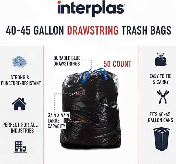(50 Count) 44 Gallon Trash Bags with Drawstring Heavy Duty Fits 40-45 Gallon Bins 1.2 Mil Industrial Strength for Janitorial Hotels &amp Commercial Kitchen Waste-Multipurpose use-By Interplas.