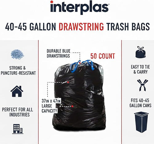 (50 Count) 44 Gallon Trash Bags with Drawstring Heavy Duty Fits 40-45 Gallon Bins 1.2 Mil Industrial Strength for Janitorial Hotels &amp Commercial Kitchen Waste-Multipurpose use-By Interplas.