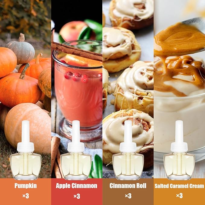 Plug In Refills Air Freshener Pumpkin Apple Cinnamon Cinnamon Roll Salted Caramel Cream for Home and Bathroom 7.92 Fl Oz 12 Count Compatible with Air Wick &amp Glade Not Include Glade Plus