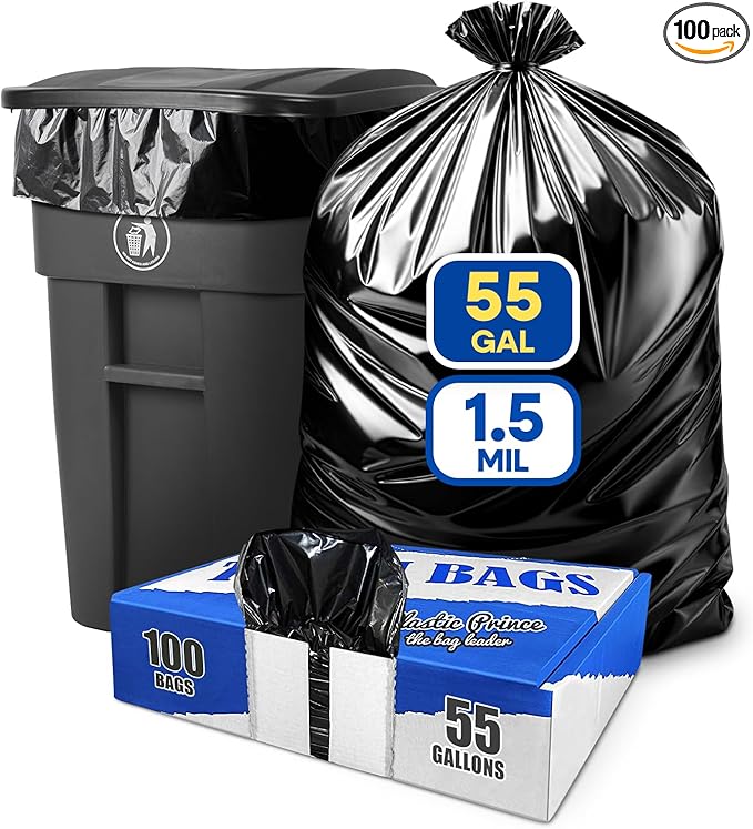 55 Gallon Trash Bags Heavy Duty Fits Rubbermaid Brute Rollout Round and Square 32-55 Gallon Trash Cans 43 x 47 Large Durable Garbage Trash Can Liners Black 1.5 Mil (Pack of 100)