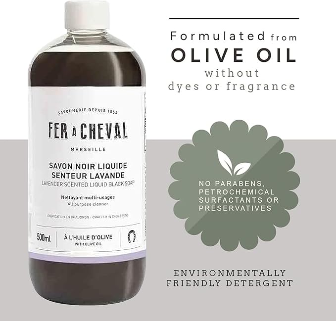 Fer à Cheval Liquid Black Soap Lavender Scent – 10 Pack 500 ml/16.9 fl oz Bottles | Natural French Multi-Surface Cleaner with Olive Oil | Aromatic All-Purpose Household Soap
