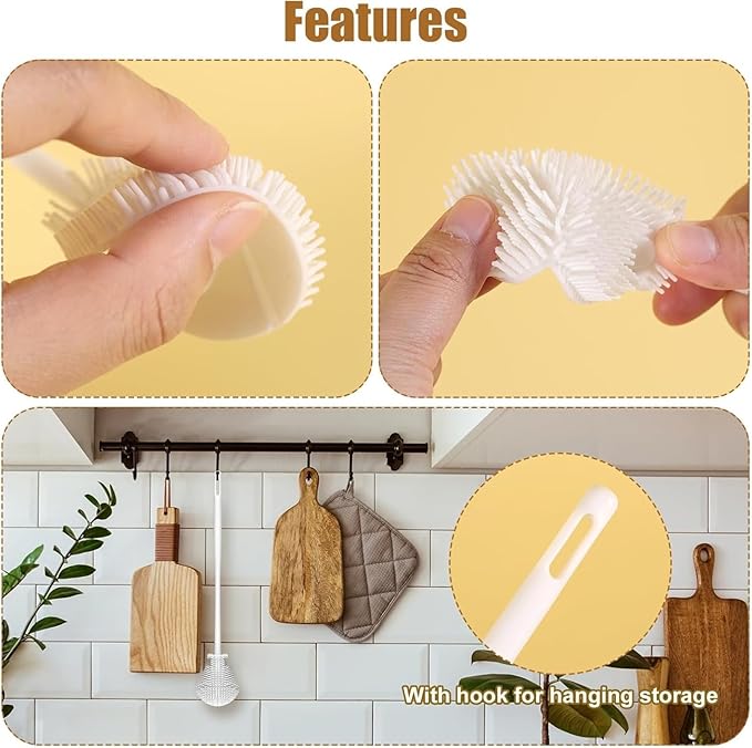 Upgraded 360 ° Flexible Silicone Bottle Brush Long Handle Narrow Mouth Container Water Bottle Glass Cleaning Tool (2 Pcs)