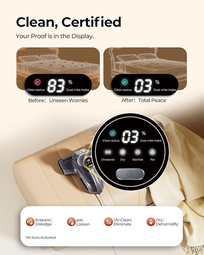 JIGOO J300 Pro Matture Vacuum Cleaner with 14Kpa 550W Powerful Suction Infrared UV &amp Heating Tech for Deep Cleaning Anti-Allergen Bed Vacuum with Dust Sensor &amp Plant Fragrance for Bed Sofa