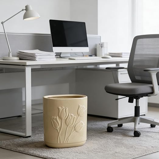 Beige Ceramic Tulips Small Bathroom Trash Can 2.6 Gal (10 Liter) - Heavy &amp Decorative Garbage Bin for Bathroom Kitchen Office Bedroom &amp Living Room Corner