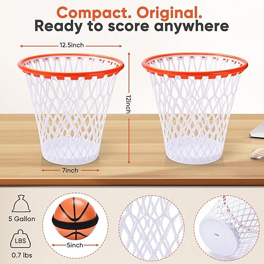 Set of 2 Basketball Trash Can - 2 Zippered Shooting Balls - Perfect Basketball Gift - Boys Room Decor - Easter basket for Dorm or Home Office - Kids Bedroom Wastebasket - Sport Party- Size 12x12x12