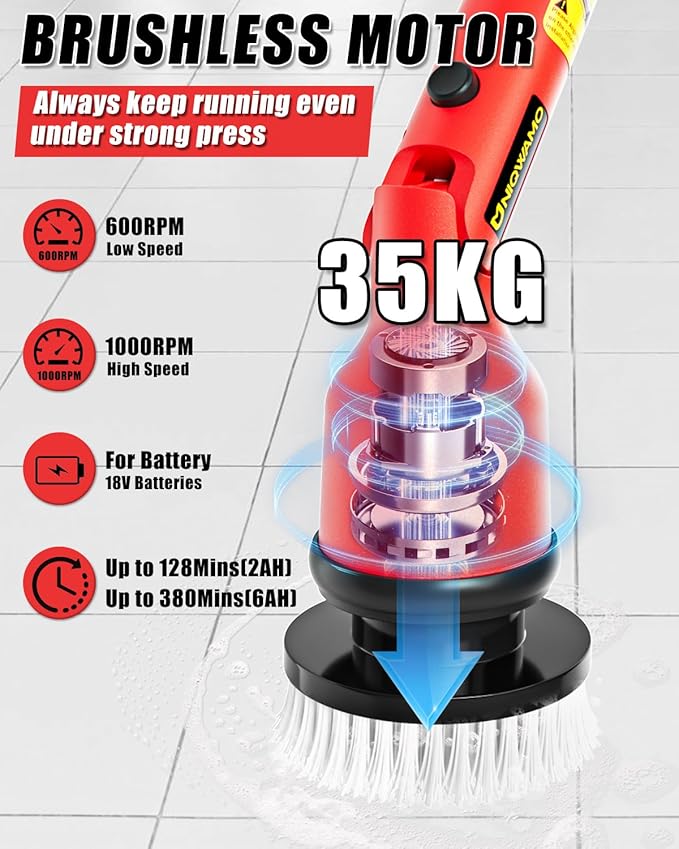 Electric Spin Scrubber Compatible for Milwaukee 18V Battery(Battery NOT Included) 1000 RPM Battery Powered Scrubber with Adjustable Extension Arm &amp 8 Brushes &amp Gloves for Tub/Tile/Floor