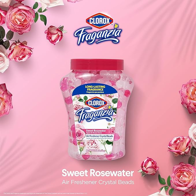 Clorox Fraganzia Crystal Beads Air Freshener Long Lasting Room Deodorizer and Odor Eliminator Gel Beads to Freshen Home Car or Office Sweet Rosewater Scent 12 Fl Oz - 12 Pack