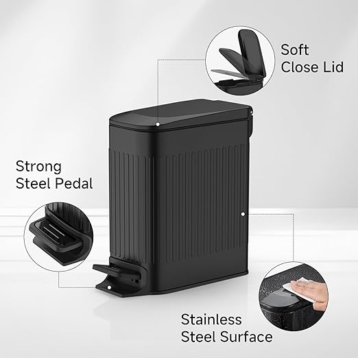 TIPGO Slim Bathroom Trash Can with Lid Soft Close Step Pedal 6 Liter / 1.6 Gallon Stainless Steel Trash Bin Small Garbage Cans for Bedroom Office Kitchen (Black)