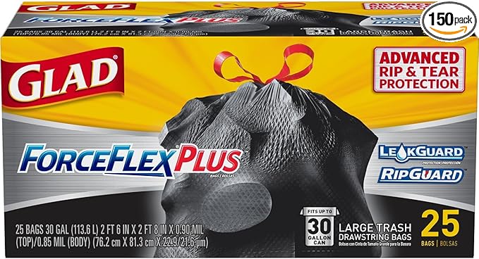 Glad Trash Bags Large Drawstring Garbage Bags‚ ForceFlexPlus 30 Gallon Black Trash Bag - 25 Count Each (Pack of 6)