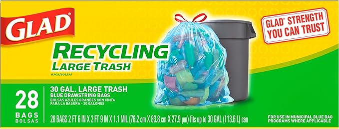 Glad Trash Bags Large Drawstring Garbage Bags 30 Gallon Blue Trash Bags for Large Kitchen Trash Can or Recycling 28 Count - Packaging May Vary