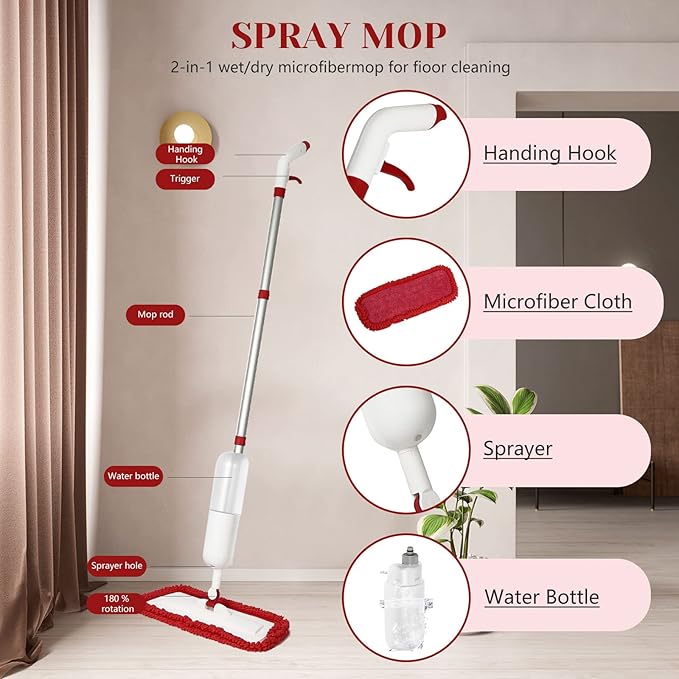Spray Mop for Floor Cleaning Wet Dry Microfiber Mop with 4 Washable Pads 650 ml Refillable Bottle and 1 Scraper for Home Kitchen Hardwood Laminate Wood Vinyl Ceramic Tiles Wooden Floor