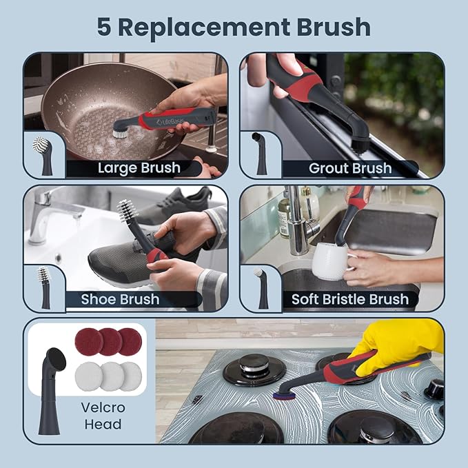 LifeBasis Rechargeable Power Scrubber 11-Piece Kit Cordless Electric Cleaning Brush IPX7 Waterproof Electric Grout Brush for Home Kitchen Bathroom Grout Tile Shower Tub Red