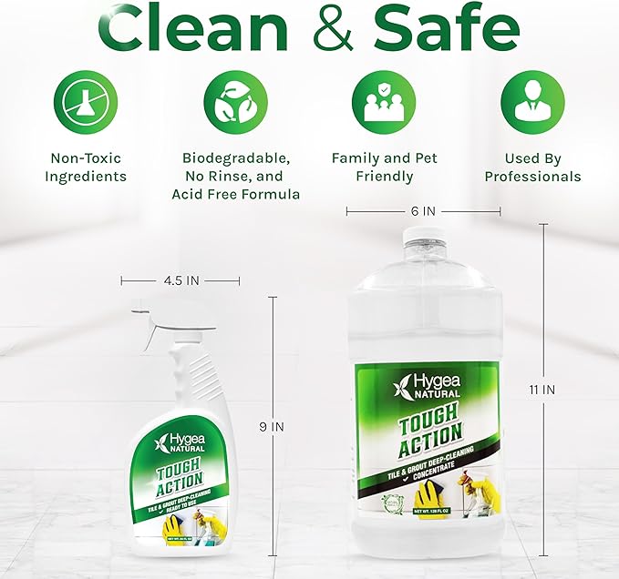 Hygea Natural Tough Action Tile &amp Grout Cleaner Duo - Deep Cleans Dirt &amp Scum Conditions &amp Enhances Stone Color - Acid-Free &amp Residue-Free Biodegradable Formula (24 oz Spray + Concent