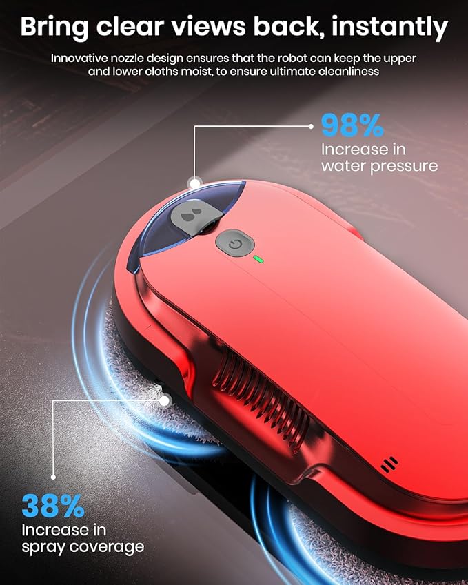 BNZ Smart Window Cleaning Robot Twin Turbo &amp Dual Auto-Spray Window Cleaner with Multiple Safety System AI Path Planning Frameless Edge Detection K1 (Ruby Red)