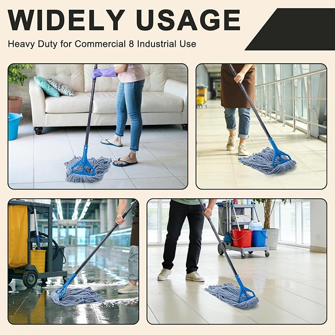 Commercial Industrial Mop with 3 Extra Large Reusable Replacement Head59 Long Handle Heavy Duty Wet MopsLooped-End String Cotton Mop for Floor CleaningHouseKitchenOfficeGarageTile(Blue)