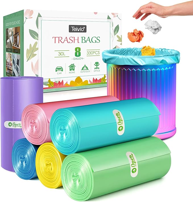 8 Gallon 330 Counts Clear Colorful Trash Bags Kitchen Garbage Bags by Teivio fit 25-30Liter Bathroom Trash Can Bin Liners Plastic Bags for home office kitchenMulticolor