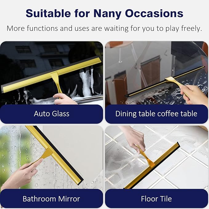 TOOVEM 14 Inch Shower Squeegee for Glass Doors Window Bathroom Car Windshield Shower Cleaning Tools with S Hook Square Sticky Hook (Gold)