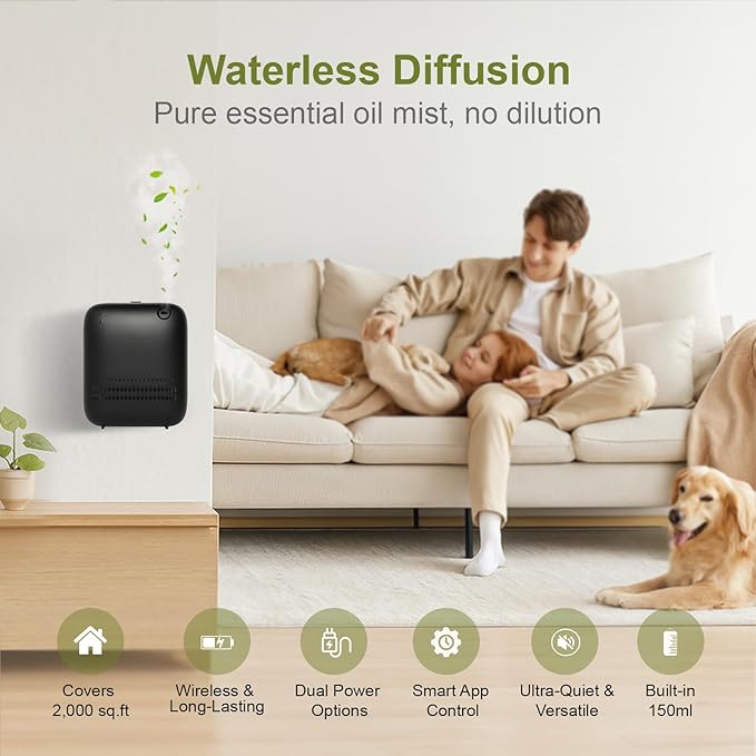 Waterless DiffuserWireless Essential Oil Battery Operated2000 Sq FtSafety LockQuietBluetooth AppHotel Home Collection Scent Machine - Black