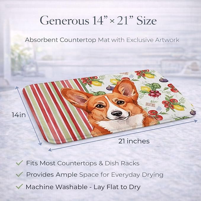 Caroline's Treasures Red Cardigan Welsh Corgi Vegetables Dish Drying Mat Absorbent Dish Drying Mat Pad for Kitchen Counter Dish Drainer Mat for Countertop 14 x 21 Multicolor