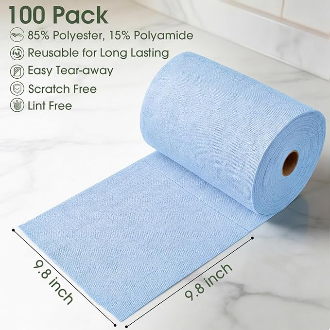Microfiber Cleaning Cloth Roll - 100 Pack Tear Away Microfiber Paper Towels Reusable Washable Scratch-Free Kitchen Towels for Car Home Kitchen Glass Dishes (Blue)