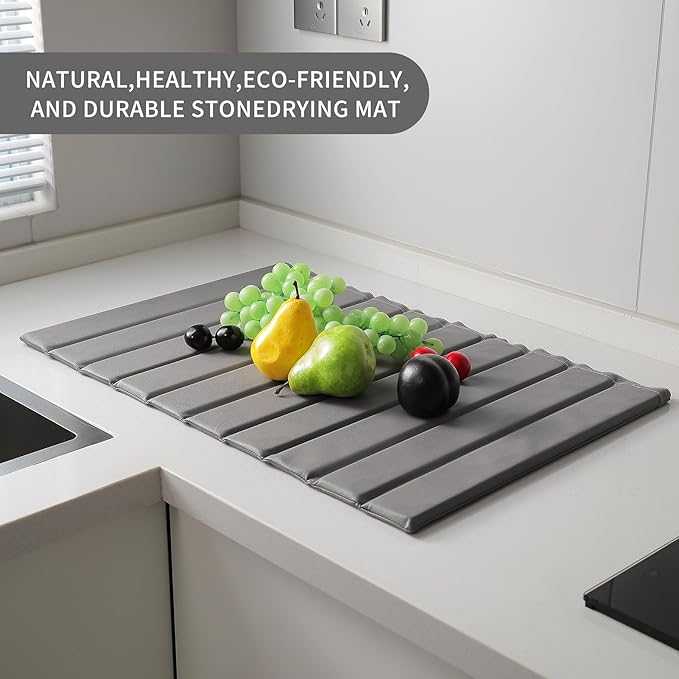 Stone Dish Drying Mat with PU Leather Surface for Kitchen Counter Water-Absorbent Collapsible Roll up Quick Dry Non-Slip for Cups Dishes BottlesRemovable and washable(Medium Gray 23.6”x15.4”)