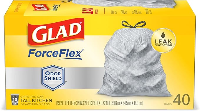 Glad ForceFlex Tall Kitchen Drawstring Trash Bags - OdorShield - 13 gal Capacity - 23.74 Width x 24.88 Length - 0.72 m