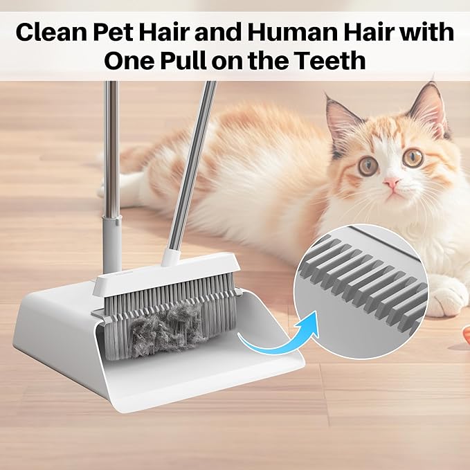 JOYMOOP White Broom and Dustpan Set Upright Angle Design with Built-in Comb Teeth for Kitchen Office Pet Hair Hard Floors