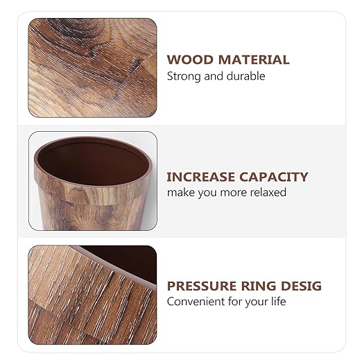 Vintage Wood Grain Wastebasket with Trash Bag PP Garbage Can for Bedroom Kitchen Living Bathroom Decorative Round Trash Container for Home Office