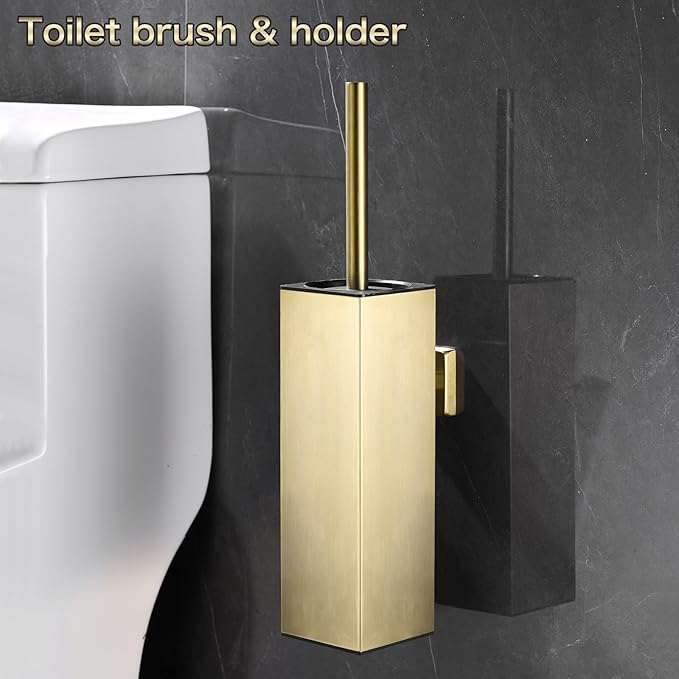 Toilet Brush Set - Brushed Gold Wall-Mounted Holder Cleaning Brush Head and Splash Guard
