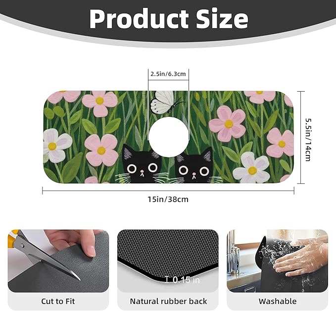 Pink Floral Cat Dish Drying Mat for Kitchen Counter 18x24 Microfiber Absorbent Fast Dry Mat 2Pcs Dish Mat Faucet Mats Sets Large Drying Kitchen Mat Kitchen Drying Pad Coffee Bar Decor Gifts