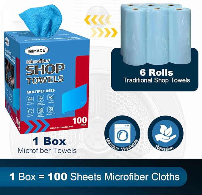 Shop Towels 100 Sheets Microfiber Cleaning Cloth Commercial Grade Washcloths Lint-Free Bulk Shops Rags for Cars Mechanic Restaurant Garage Housekeeping 11x 9 Blue