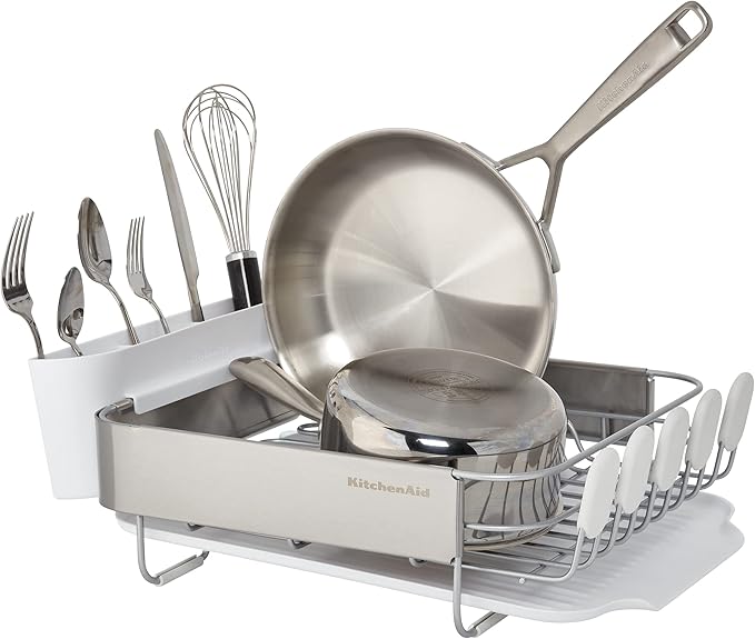 KitchenAid Compact Satin Wire Rust Resistant Expandable Dish Rack with Angled Self Draining Drainboard with Removable Flatware Caddy 23.18-Inch Gray