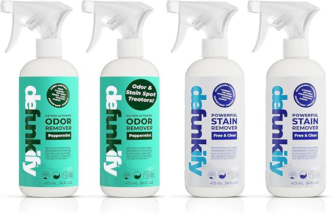 Get Stinky Bundle- 2Pk 'Peppermint' Essential Oil Odor Eliminator Deodorizer &amp 2Pk Laundry Stain Remover Spot Treater Prewash Detergent Cleaning Spray for Fabric Sensitive Gear Activewear