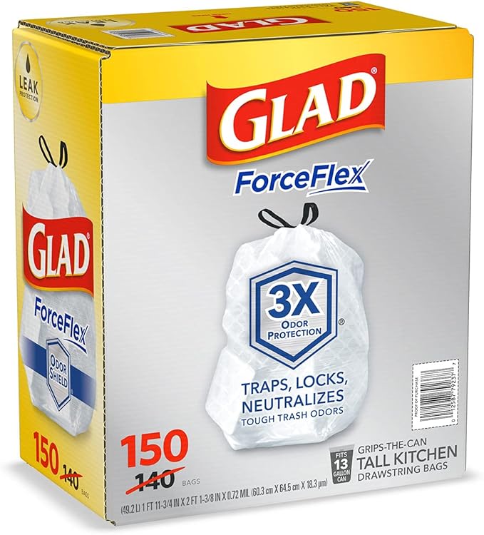Glad Forceflex Tall Kitchen 13 Gallon Drawstring Trash Bags with Odorshield (150 Ct.)