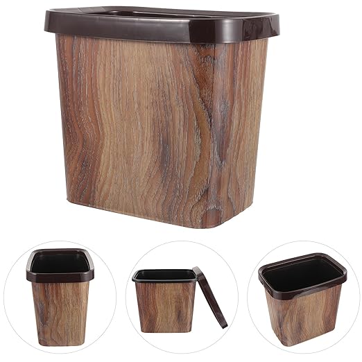 Wood Grain Trash Can 10L Plastic Wastebasket with Removable Press Ring for Kitchen Bathroom Office Home Use